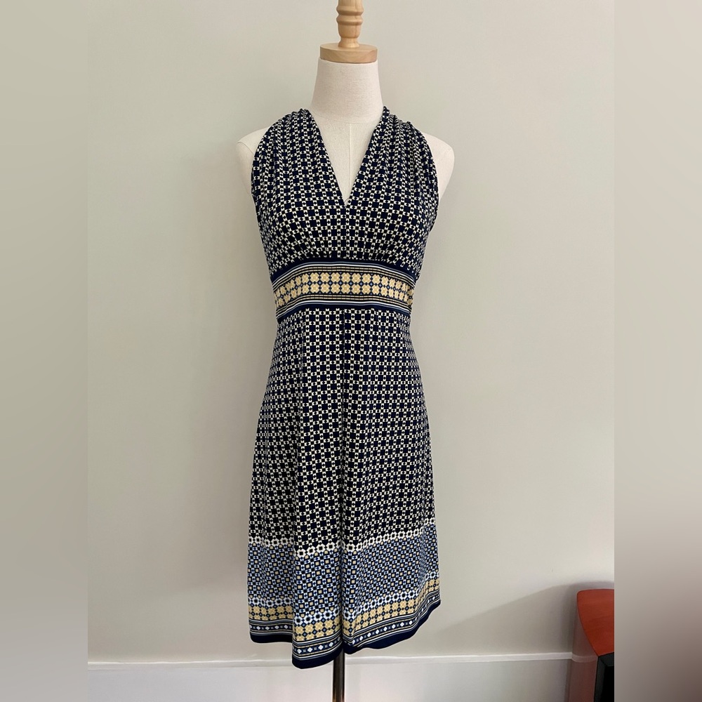 Max Studio - Navy and Cream Patterned Dress - Small